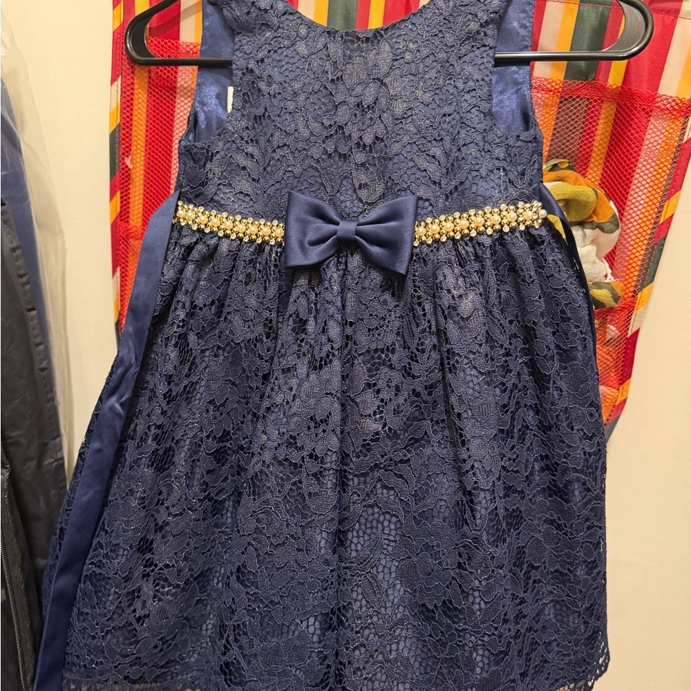 Girls Navy Lace Party Dress with Pearl Bow Waist
